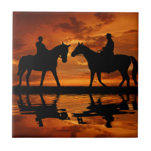 Carreau Western Sunset Horseback équitation silhouette cow