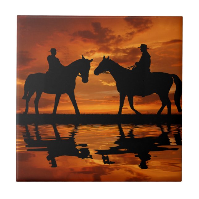 Carreau Western Sunset Horseback équitation silhouette cow (Devant)