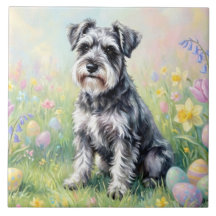 Whimsical Schnauzer with Easter Eggs