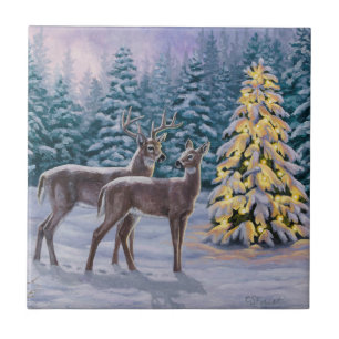 Carreau Whitetail Deer & Christmas Tree Scene hivernale