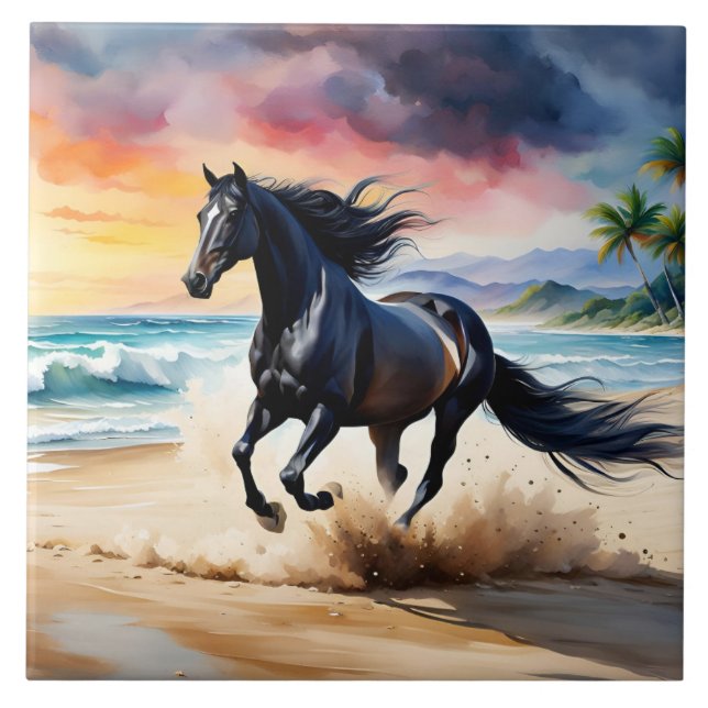 Carreau Wild black stallion galloping (Devant)