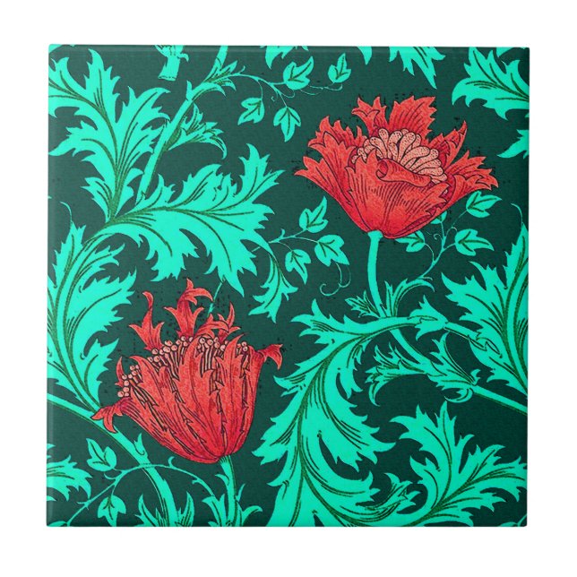 Carreau William Morris Anemone, Deep Red et Turquoise (Devant)