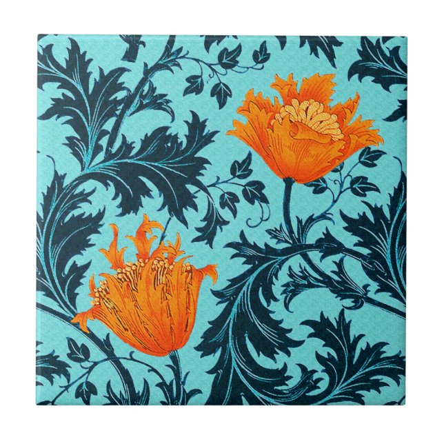 Carreau William Morris Anemone, Indigo Blue et Coral (Devant)