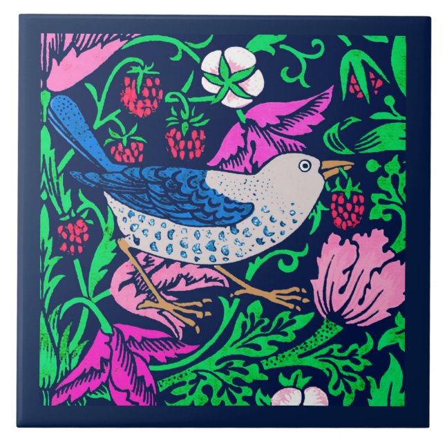 Carreau William Morris Bird & Flower Tile, Navy & Fuchsia (Devant)
