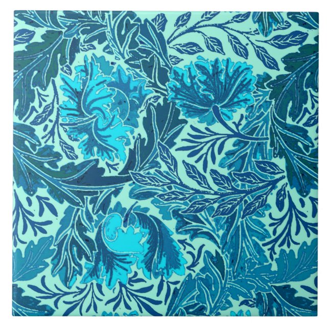 Carreau William Morris floral, bleu d'indigo et turquoise (Devant)
