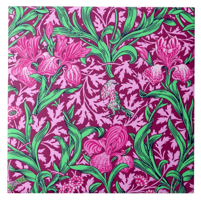 Carreau William Morris Irises, Fuchsia, rose et vin (Devant)