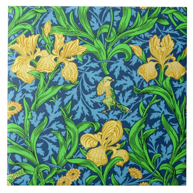 Carreau William Morris Irises, jaune et bleu de cobalt (Devant)