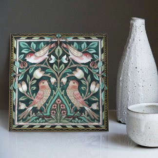 Carreau William Morris Oiseaux et Tulipes Art Nouveau Vert