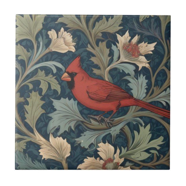Carreau William Morris style Red Cardinal Bird gauche face (Devant)