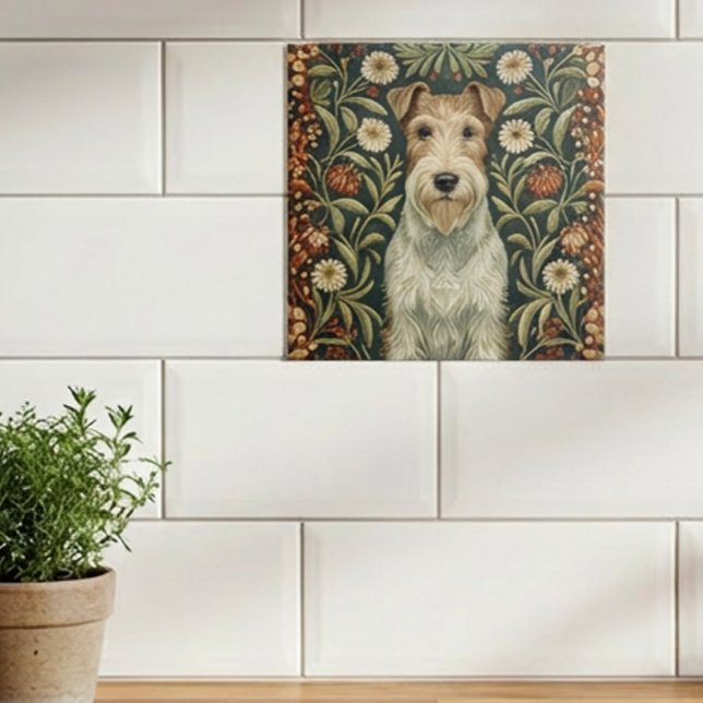 Carreau Wire Fox Terrier in William Morris Floral Style (Créateur téléchargé)