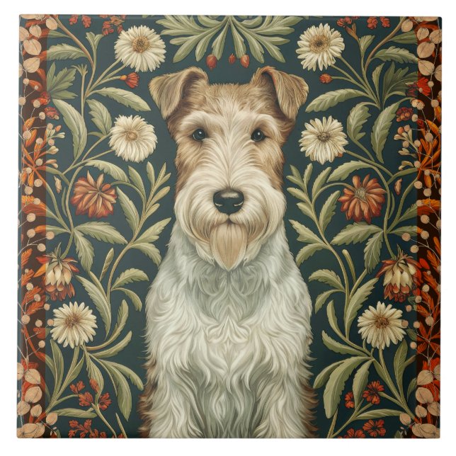 Carreau Wire Fox Terrier in William Morris Floral Style (Devant)