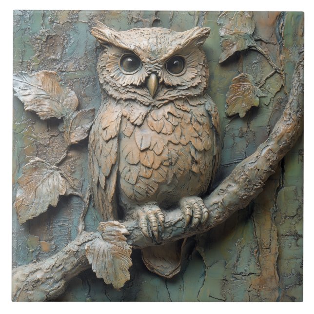 Carreau Wise Owen sur Branch Wildlife Faux Relief (Devant)