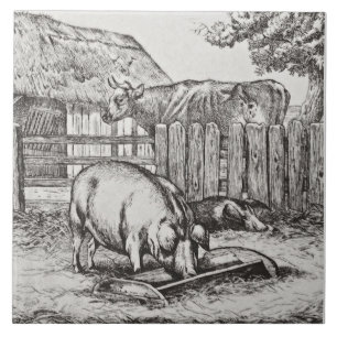 Carreau Wm Wise Minton Farm Animals Pigs Tile Repro c 1879