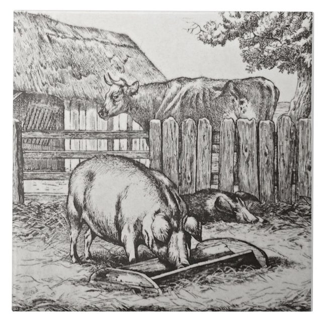 Carreau Wm Wise Minton Farm Animals Pigs Tile Repro c 1879 (Devant)