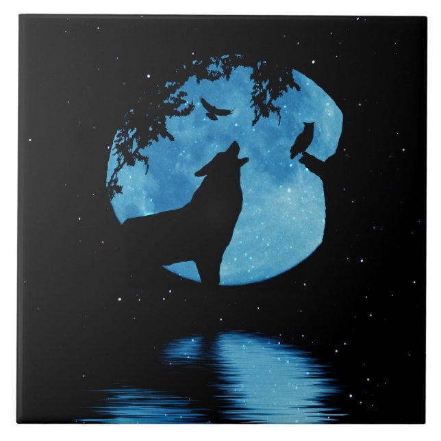 Carreau Wolf Owl Raven et Pleine lune Art (Devant)