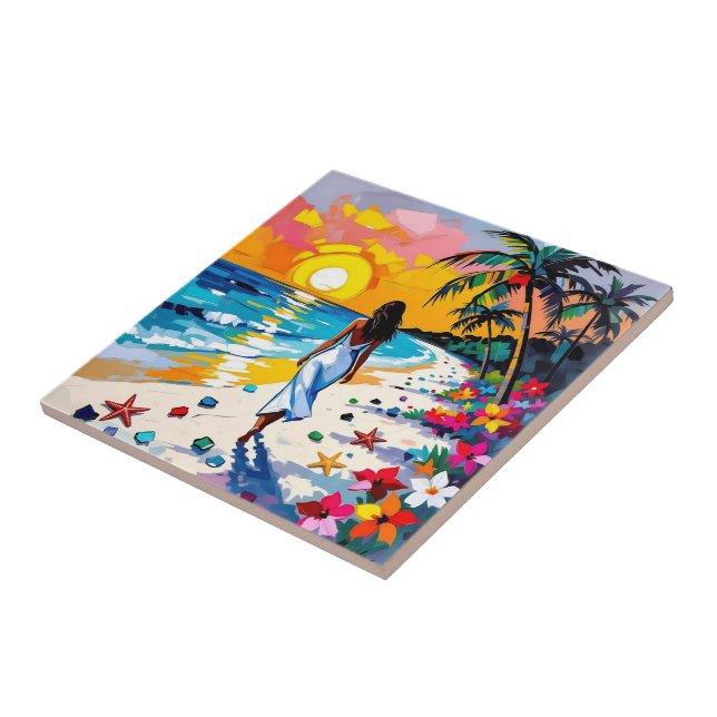 Carreau Woman on Beach Tropical Scene (Côté)
