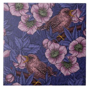 Carreau Wren et hellebore, violet et rose