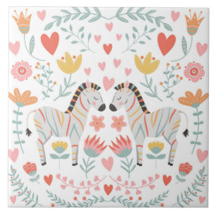 Carreau Zèbre et fleurs Art populaire scandinave coloré