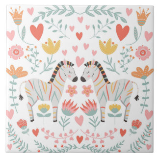 Carreau Zèbre et fleurs Art populaire scandinave coloré