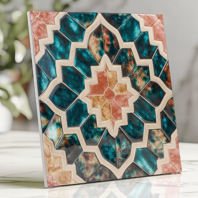 Carreau Zellige marocain Turquoise profond et corail (Créateur téléchargé)