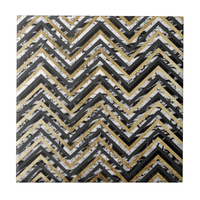 Carreau Zigzag noir et blanc de Chevron de marbre et d'or (Devant)