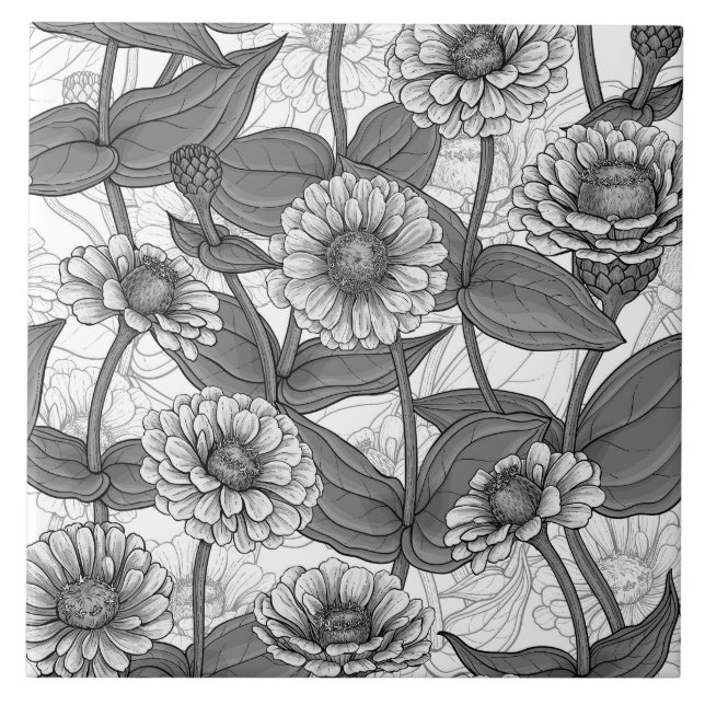 Carreau Zinnias, monochrome sur blanc (Devant)