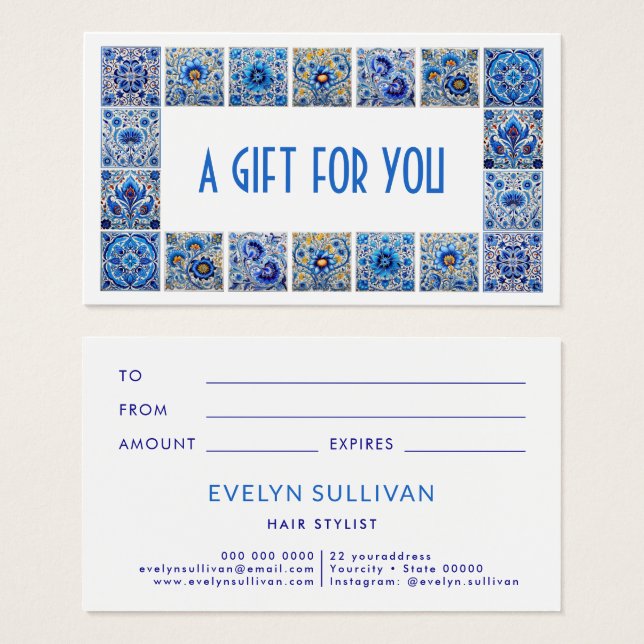Carreaux bleu méditerranéen cadre carte cadeau (Devant & derrière)