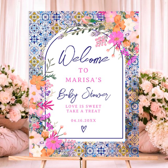Carreaux bleus aquarelle fleurs sauvages accueil b (Blue tiles watercolor wildflowers baby welcome acrylic sign)