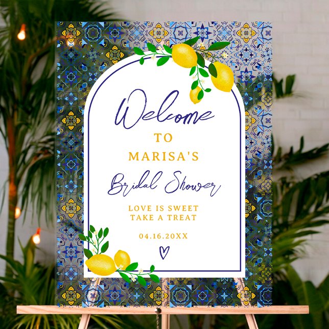 Carreaux bleus italiens aquarelle citron bienvenue (Italian blue tiles watercolor lemon bridal welcome acrylic sign)