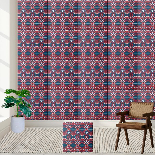Carreaux de Motifs tribus scandinaves en gras roug (Bold Red and Blue Scandinavian Tribal Pattern Tile)