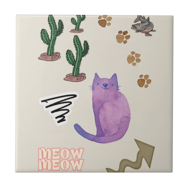 Carreaux en céramique Chat Poisson Cactus Meow Paw (Devant)