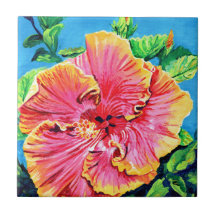 Carreaux en céramique d'Hibiscus Hawaii rose et ja