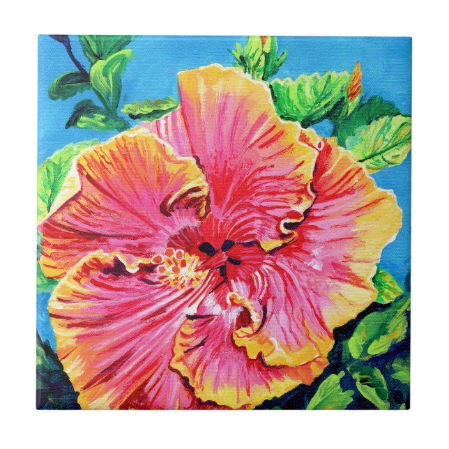 Carreaux en céramique d'Hibiscus Hawaii rose et ja (Devant)