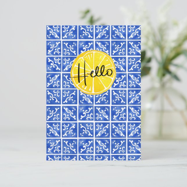 Carreaux et citron "Hello" carte de voeux plat (Debout devant)