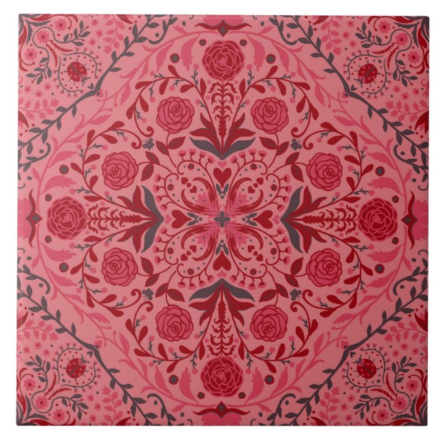 Carreaux floraux en rouge et pastèque rose (Devant)