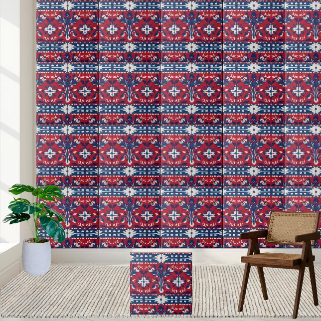 Carreaux floraux scandinaves en bleu rouge et blan (Bold Scandinavian Floral Tile in Red Blue & White)