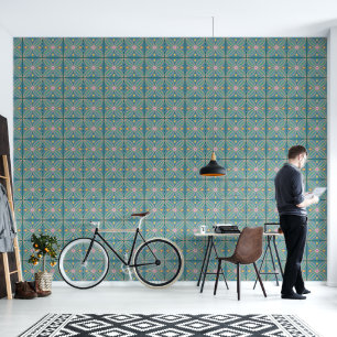 Carreaux floraux turquoises et roses Papier peint