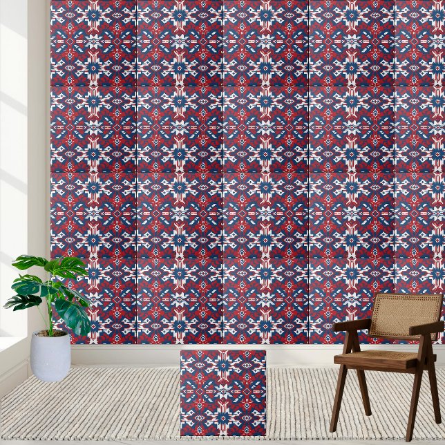 Carreaux géométriques blancs et bleus rouges (Red White and Blue Geometric Tribal Tile)