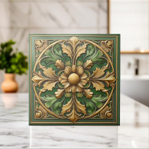 Carreaux ornementaux floraux orientaux - Vert et O