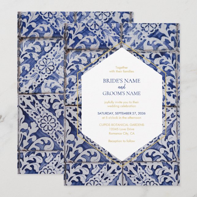 Carreaux portugais rustiques Invitations de mariag (Devant / Derrière)