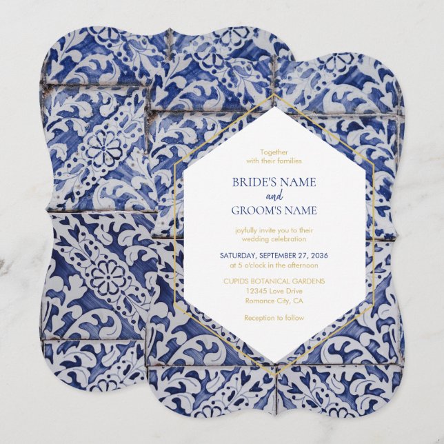 Carreaux portugais rustiques Invitations de mariag (Devant / Derrière)