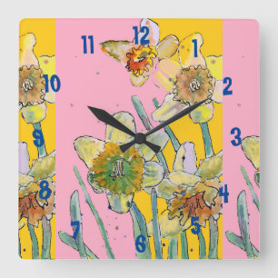 Carrée Aquarelle Daffodil Femmes Horloge jaune du bureau