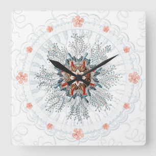 Carrée Bleu bouton méduse et étoiles de mer Horloge mural