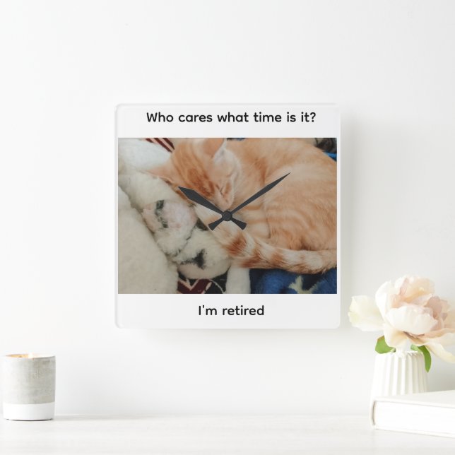 Carrée Cadeau de retraite photo de chat endormi Horloge (Maison)