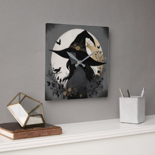 Carrée Chic moderne Halloween sorcière grande horloge mur