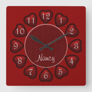 Carrée Coeurs gonflés Horloge Carré rouge
