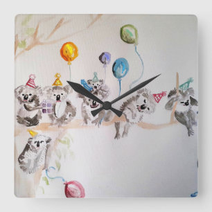 Carrée Coupe Koala d'aquarelle Peinture d'art Horloge mur