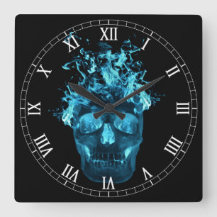 Carrée Crâne flamme bleu Carré Numéros romains Horloge