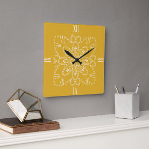 Carrée Crochet jaune moutarde Graphique Carré Horloge mur