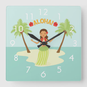 Carrée Cute Hawaiian Hula Girl Luau Horloge avec des chif